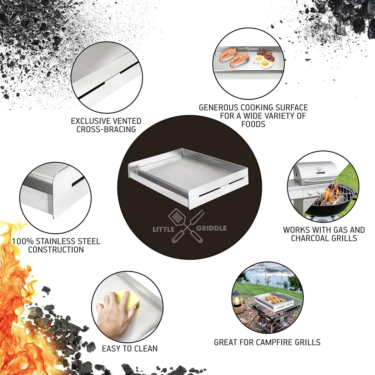 LITTLE GRIDDLE Sizzle-Q SQ180 100% Stainless Steel Universal Griddle with Even Heating Cross Bracing for Charcoal/Gas Grills, Camping, Tailgating, and Parties (18"x13"x3")
