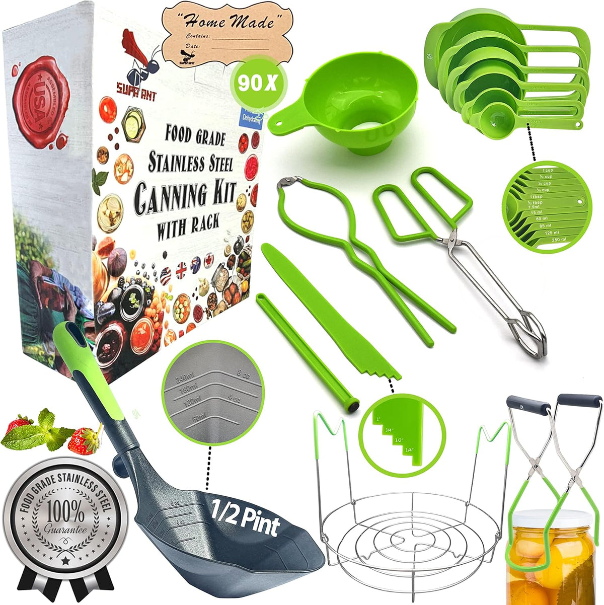 Supa Ant Canning Supplies Starter Kit- Canner Accessories with Canning Rack for Jars, XL Ladle,Wide Mouth Jar Funnel,Jar Lifter and Wrench,Bubble Popper/Measurer,Lid Lifter,Kitchen Tongs (Light Green)