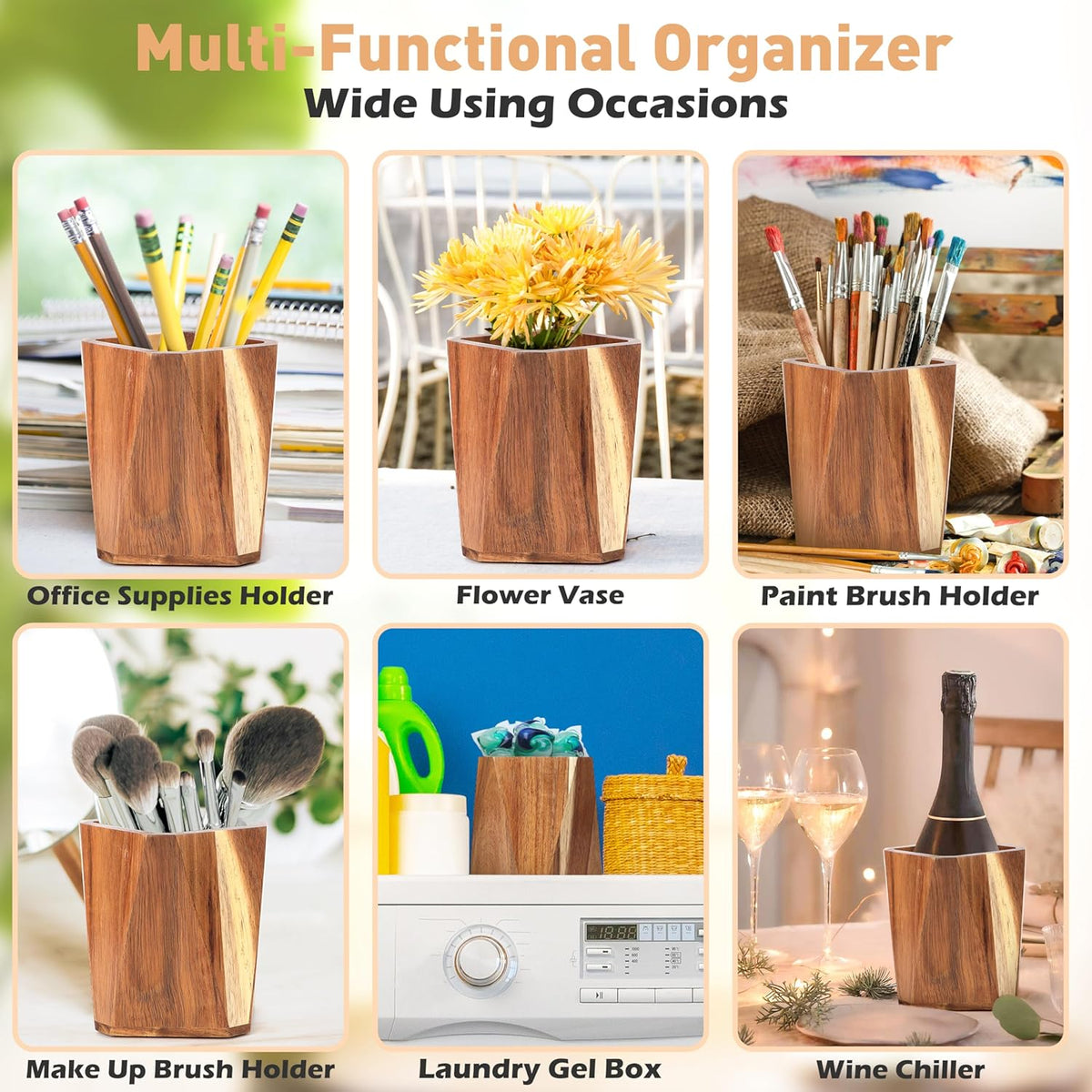 Wooden Utensil Holder for Kitchen: Wood Utensil Crocks for Farmhouse Decor - Kitchen Tool Storage for Countertop