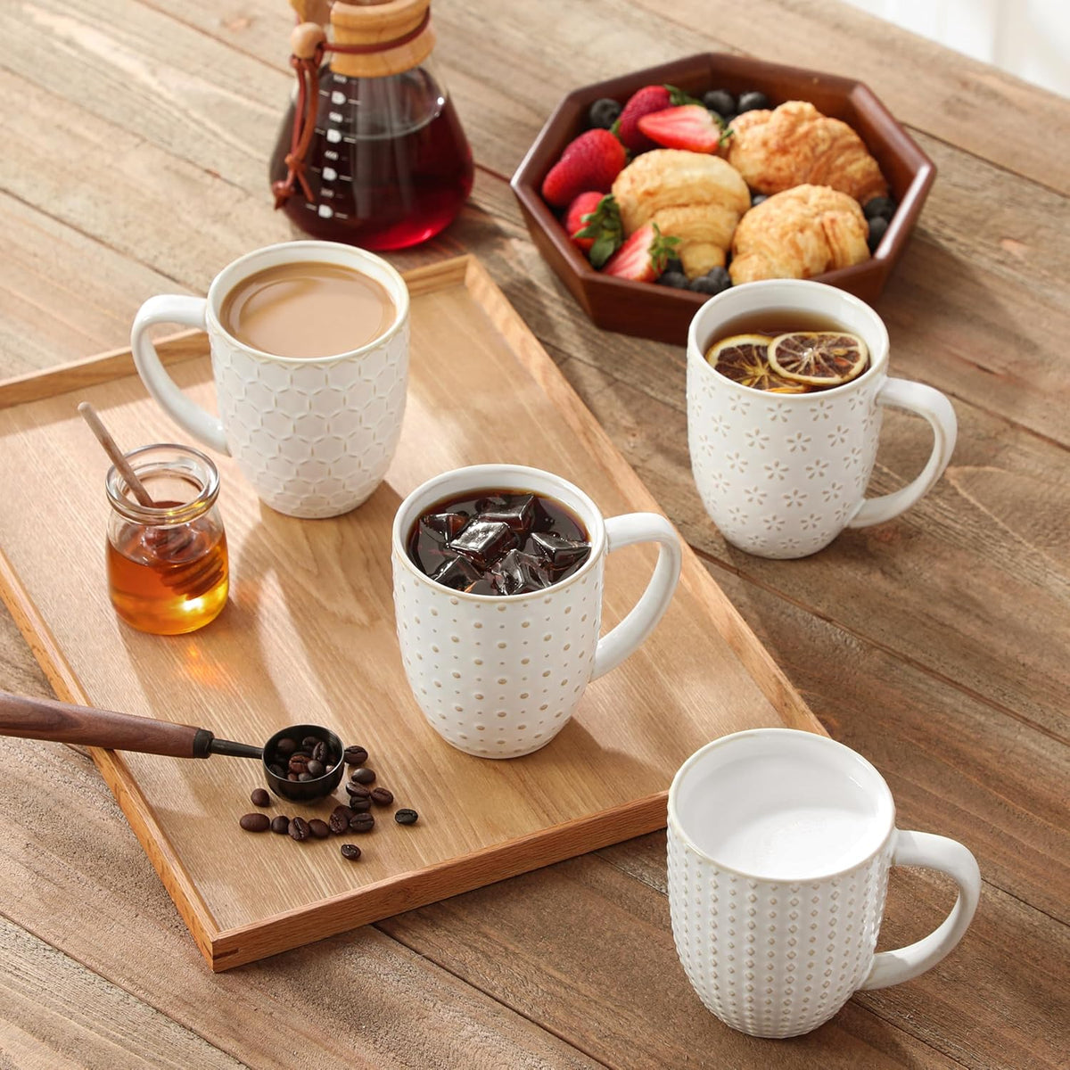 MALACASA LYDIA Coffee Mugs, 16 OZ Ceramic Mugs Set of 4 with Handle, Embossment Cups for Latte, Hot Tea, Cappuccino, Mocha, Cocoa, Dishwasher & Microwave Safe Gift Set, White