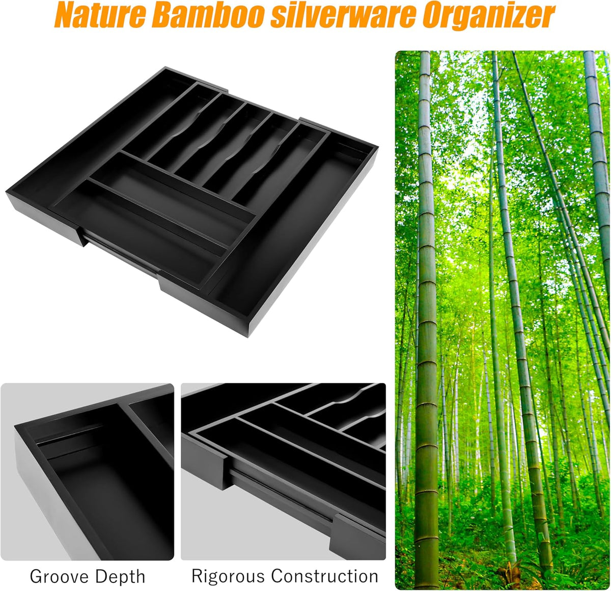 Bellsal Large Premium Bamboo Silverware Organizer - Expandable Utensil Drawer Organizer - 17"x19.6" Utensil Holder and Cutlery Tray with Grooved for Kitchen Flatware and Utensils(7-9 Slot, Black)