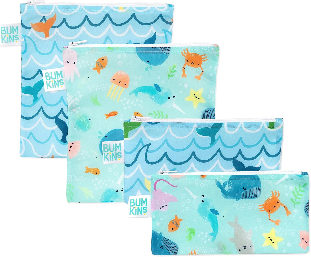 Bumkins - Cloth Snack & Sandwich Bags - For Storage, Travel, Food Prep, Lunch - Reusable, Water Resistant, Washable, Dishwasher Safe - Snack Bags for Kids - Zipper Closure - Ocean Life - 4 Pack