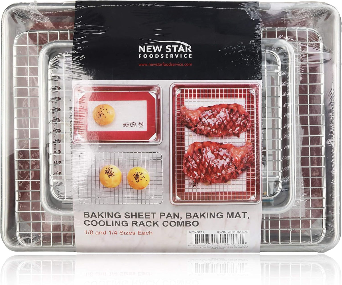 New Star Foodservice 1028768 Commercial-Grade Bun Pan/Baking Sheet, Baking Mat, Cooling Rack Combo, 1/8 and 1/4 Sizes Each