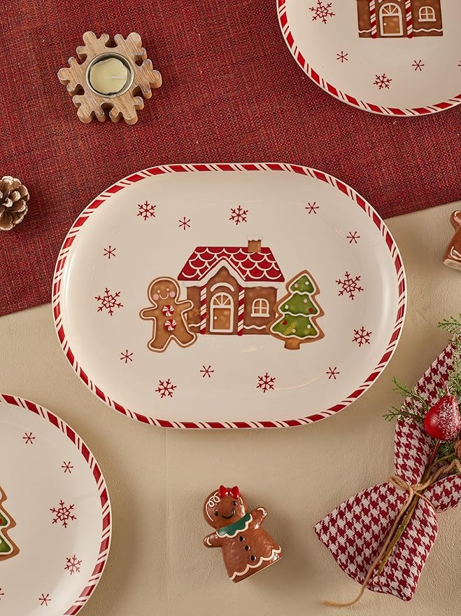 Bico Traditional Christmas Gingerbread Man Ceramic 16 inch plus 12 inch Ceramic Oval Platter, Set of 2, for Serving Turkey, Steak, Salad, Microwave & Dishwasher Safe