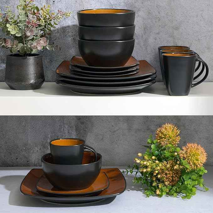 Gibson Elite Soho Lounge Square Reactive Glaze Stoneware Dinnerware Set, Service for 4 (16pc), Amber