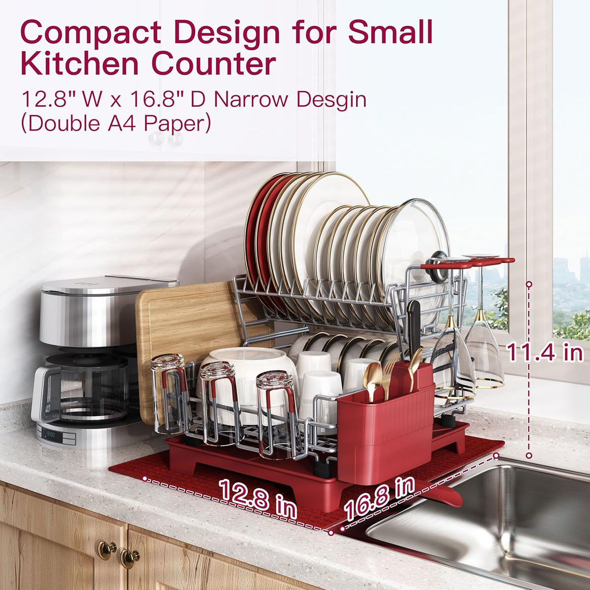 BOOSINY 2 Tier Red Large Stainless Steel Dish Drainers Drying Rack for Kitchen Counter with Drainboard, Rust Proof Metal, Space Saving, Modern Aesthetic, Compact Plates Strainers with Extra Mat
