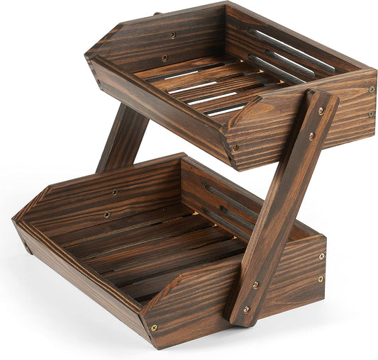 Large Capacity 2-Tier Wooden Fruit Basket, Durable Acacia Wood, 10.5" Tall, Spacious for Produce, Vegetables, Bread Storage and Home Kitchen Countertop