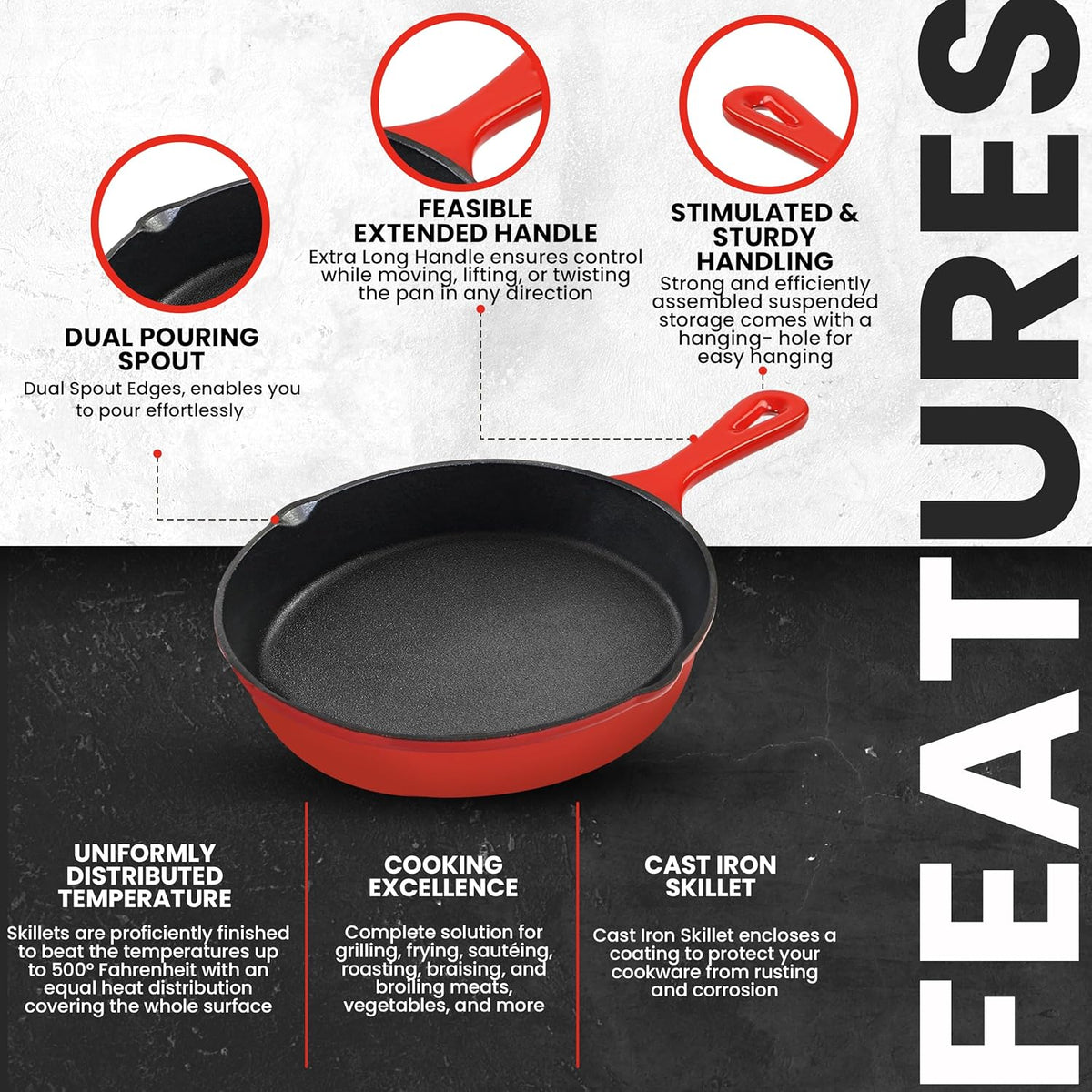 Utopia Kitchen Saute Frying Pan 6.5 Inch, Cast Iron Chefs Pan, Pre Seasoned Cast iron Skillet, Safe Grill Cookware for Indoor & Outdoor Use, Red