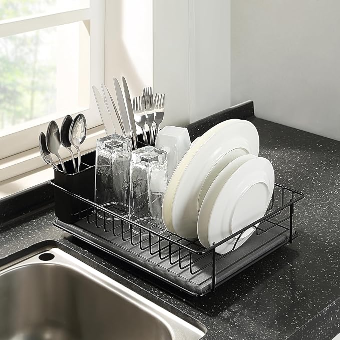 SunnyPoint 304 Stainless Steel Dish Drying Rack with Diatomaceous Earth Drainboard & Removable Utensil Caddy – Rust Resistant Countertop Dish Rack for Kitchen (Black)