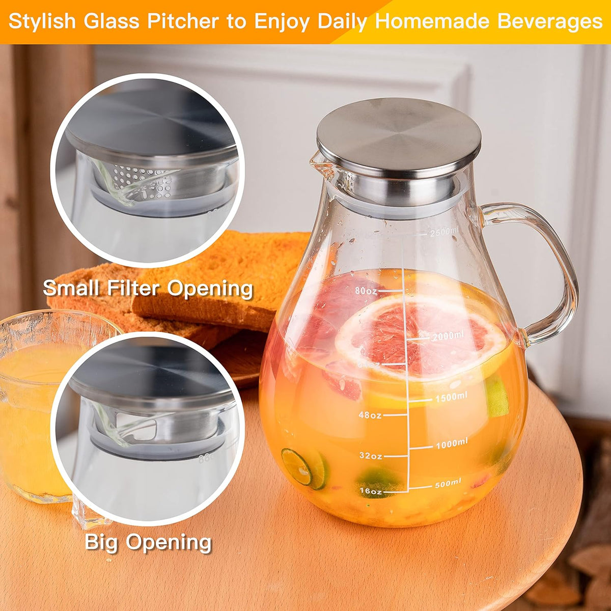 Glass Pitcher with Lid,88 Ounces -2500ml with Precise Scale Line, Hot/Cold Water Jug, Juice and Iced Tea Beverage Carafe with Lid