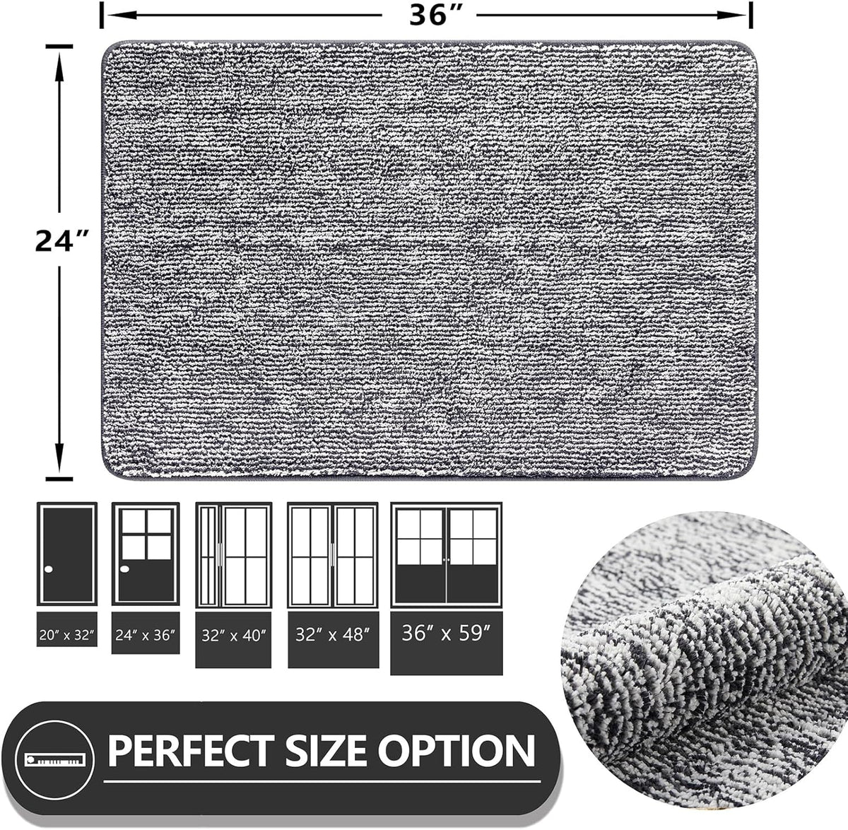 REFETONE Indoor Doormat, Front Door Mat 24"x36" Absorbent Rubber Backing Non Slip Back Door Mats, Washable Low-Profile Inside Floor Mat Door Rugs for Entryway, Resist Dirt Mud Mat for Dogs, Dark Grey