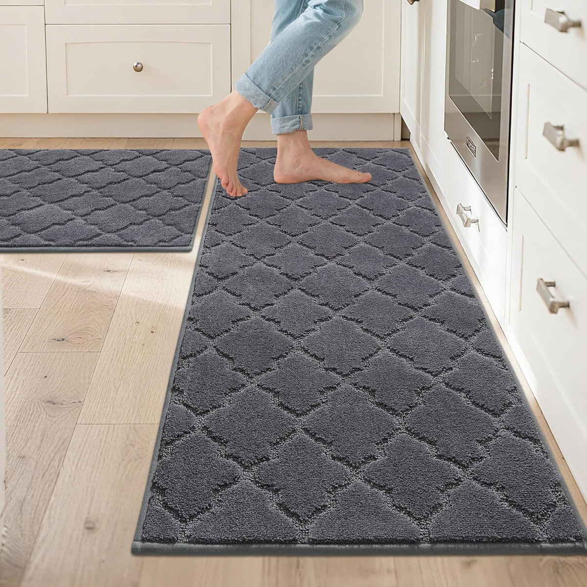 JSEI Kitchen Rugs, Non-Slip Kitchen Mats for Floor, Soft Washable Absorbent Kitchen Mats 2 Pieces, Kitchen Carpet Runner with TPR Backing, Polyester, 24”x36”+24”x60”, Dark Grey
