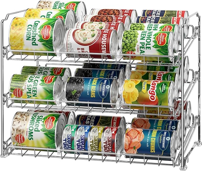 Simple Houseware Stackable Can Organizer Rack for Pantry/Cabinet – 11.5" D x 17" W x 13.75" H, Holds 36 Cans, 3-Tier Can Food Storage Dispenser, Chrome