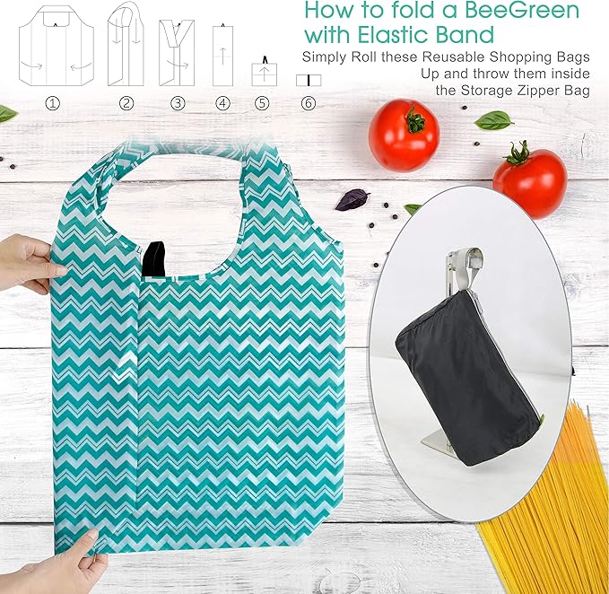 BeeGreen Reusable Grocery Bags Lightweight Durable Shopping Bags Washable Foldable 12 Pack Xlarge Classic Geometric Design Gift Tote Grocery Bags with Elastic Band and Separated Zipper Storage Pouch