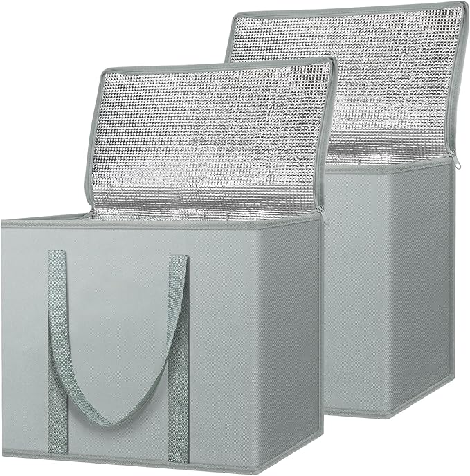 BALEINE 2Pk Insulated Reusable Grocery Bags, Collapsible Cooler Bag for Groceries, Heavy Duty Large Insulated Bag (16''x9''x13'', Urban Gray)