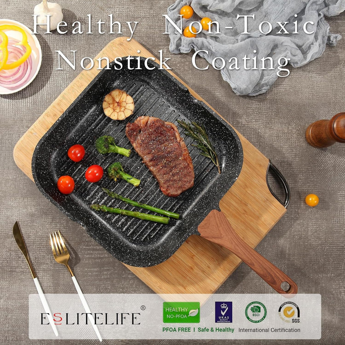 ESLITE LIFE 11 Inch Nonstick Grill Pan for Indoor Cooking, Versatile Induction Square Large Grilling Skillet Steak Pan for Stove Tops, PTFE & PFOA Free, Black