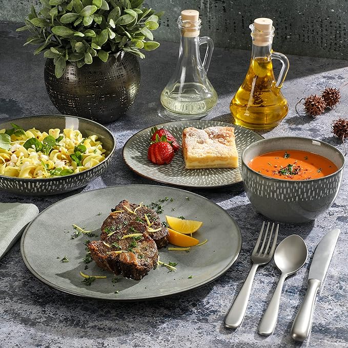 Gibson Elite Matisse 16-Piece Double Bowl Dinnerware Set, Service for 4 – Green Stoneware Plates and Bowls