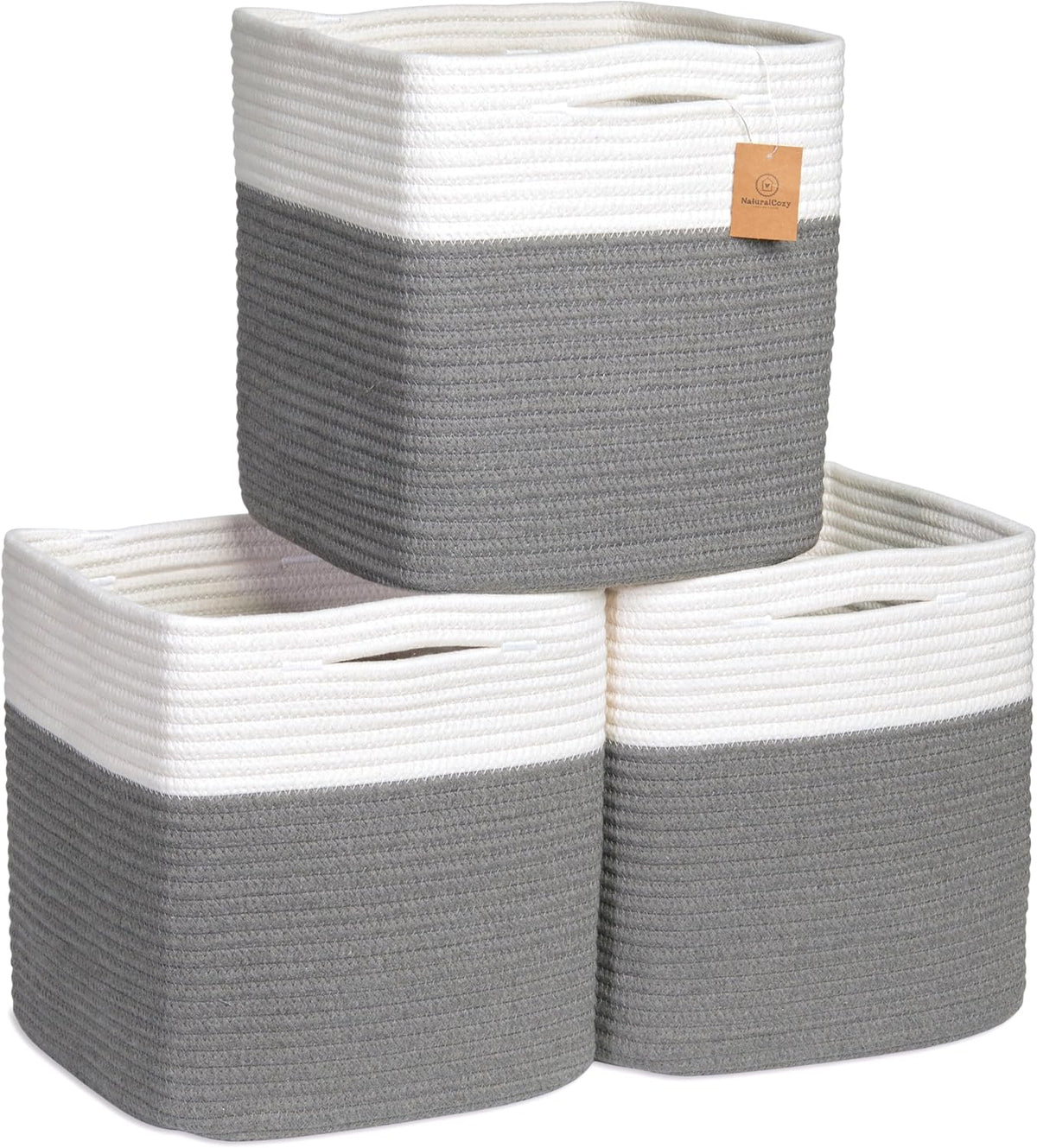 NaturalCozy Storage Cubes 11 Inch Cotton Rope Woven Baskets for Organizing, 3-Pack | Cube Storage Bin | Square Storage Baskets for Shelves Organizer, Classroom, Kids Toy Bins, Closet, Baby Nursery