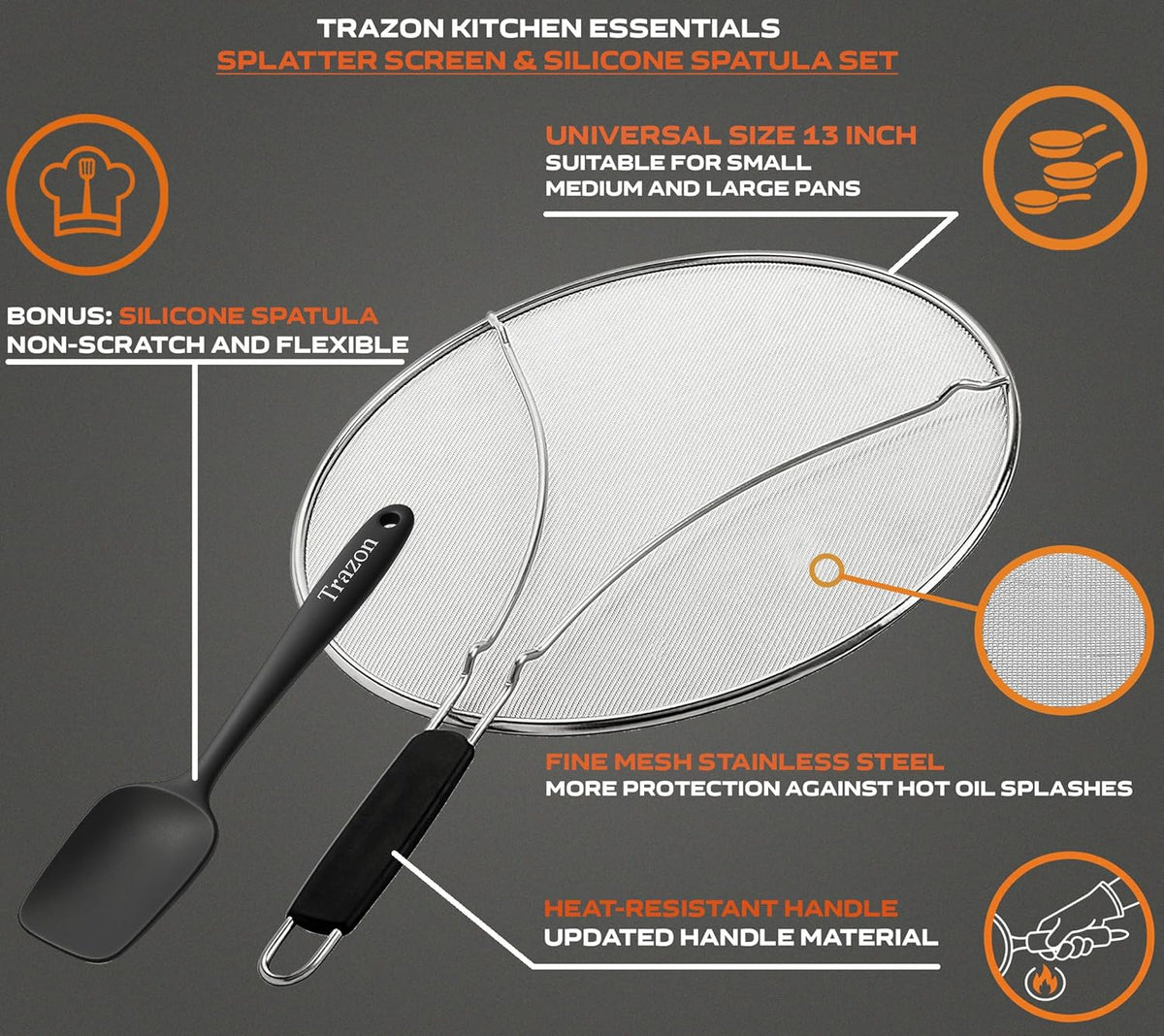 Grease Splatter Screen for Frying Pan 13 inch - Stops 99% of Hot Oil Splash - Protects Skin from Burns - Splatter Guard for Cooking - Iron Skillet Lid Keeps Kitchen Clean, includes Silicone Spatula
