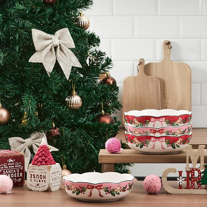 Bico Ribbon Christmas Scalloped Pasta Bowls, 36oz Salad Bowl Set of 4, Large Ceramic Serving Dinner Bowls for Soup and Cereal, Microwave and Dishwasher Safe, Gift for Housewarming and Holiday