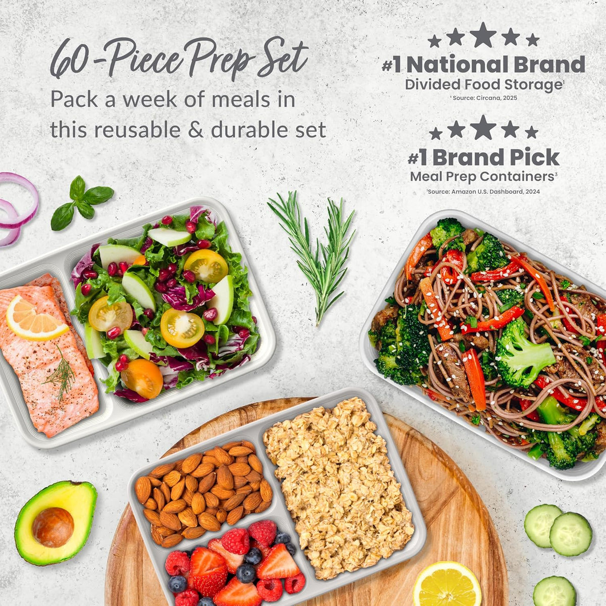 Bentgo Prep 60-Piece Meal Prep Kit - Reusable PFAS & BPA-Free Food Containers, 1-Compartment, 2-Compartment, & 3-Compartments - Microwave, Freezer, & Dishwasher Safe (White Stone)