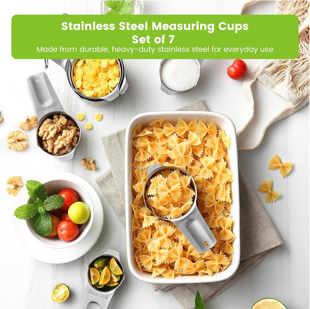 Spring Chef Stainless Steel Measuring Cups Set of 7 with Pour Spout - Nesting Kitchen Tools with Easy Read Markings to Measure Dry or Liquid Ingredients - Metal Measuring Cups for Baking & Cooking