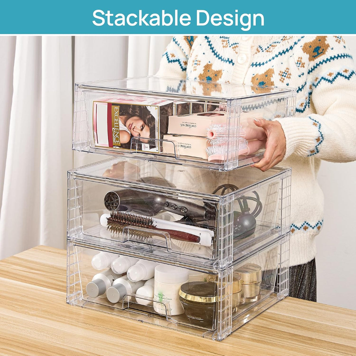 Vtopmart 6 Pack Large Stackable Storage Drawers,Easily Assemble Acrylic Bathroom Closet Undersink Organizers and Storage,Plastic Storage Bins for Kitchen Cabinets,Pantry,Makeup,Medicine Organization