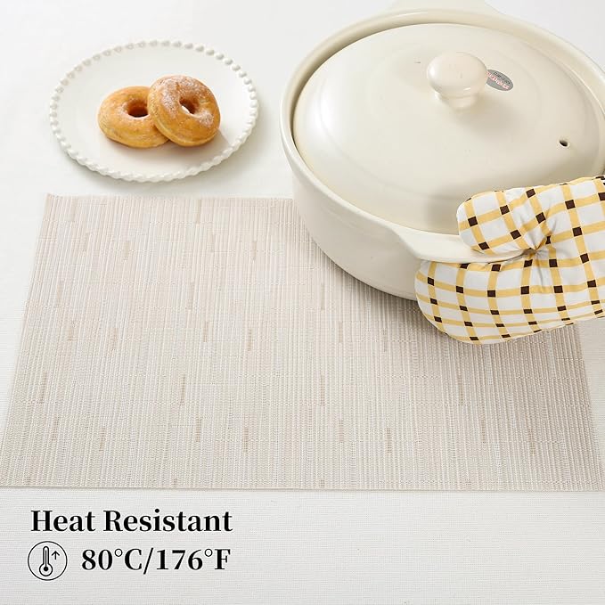 Leetaltree Pale Beige Placemats Set of 8 - Heat Resistant Non-Slip Place mats for Dining Table, Washable Durable PVC Vinyl Woven Table Mats（Pale Beige, 8）