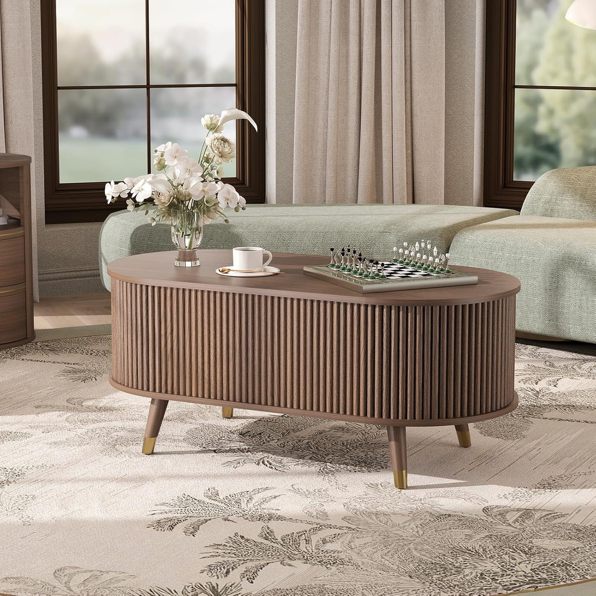 Oval Coffee Table with Storage,42.5” Fluted Coffee Table with Lifting Top & Solid Wood Legs,Modern Lift Up Center Table for Living Room,Home Office,Walnut