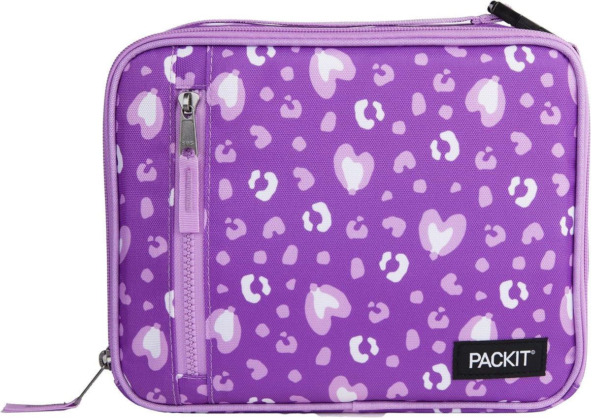 PackIt Freezable Classic Lunch Box, Leopard Hearts Purple, Built with ECOFREEZE Technology, Reusable, Zip Closure With Zip Front Pocket and Buckle Handle, Designed for Fresh Lunch On the Go