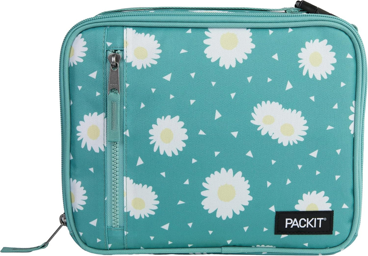 PackIt Freezable Classic Lunch Box, Daisy Sage, Built with ECOFREEZE Technology, Collapsible, Reusable, Zip Closure With Zip Front Pocket and Buckle Handle, Designed for Fresh Lunch On the Go