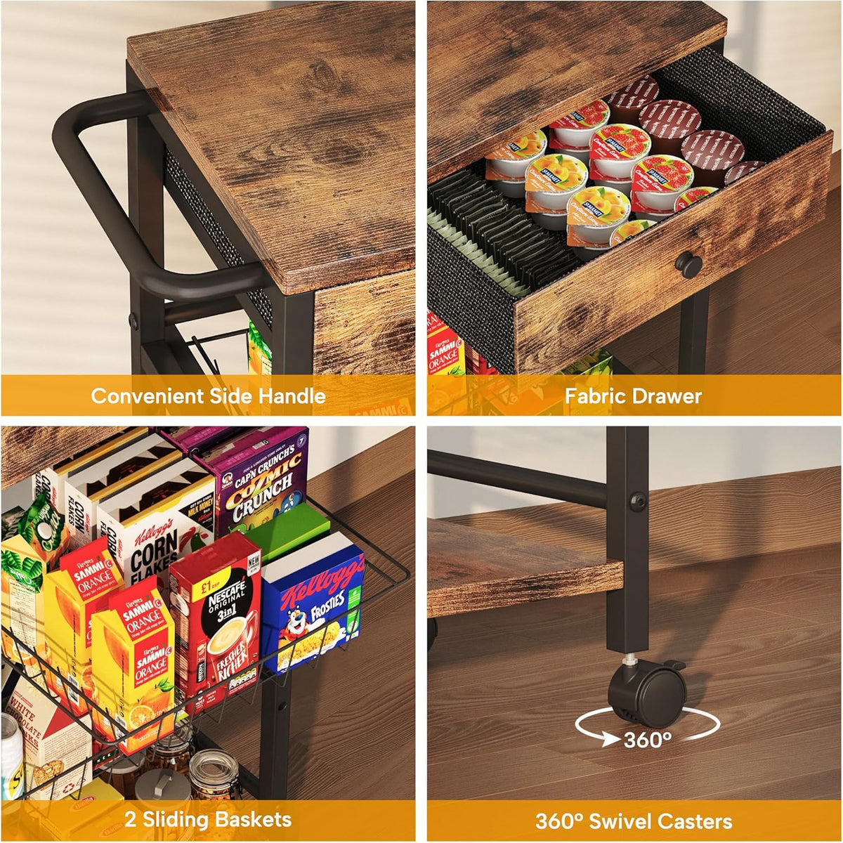 Kitchen Organizer and Storage Cart with Fabric Drawer and Convenient Handle, Snack Organizer Cart with 2 Pull-Out Baskets and 2 Storage Shelves, Rolling Kitchen Cart for Fruit Potato Onion Vegetable