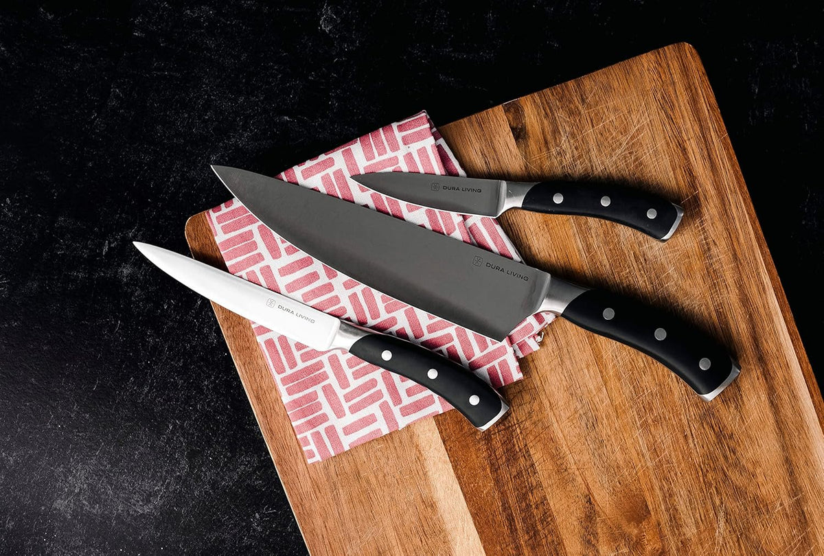 3-Piece Kitchen Knife Set – Ultra-Sharp German Stainless Steel, 8” Chef, 5” Utility, and 3.5” Paring Knives with Ergonomic Handles, Multipurpose Kitchen Knife Set, Black