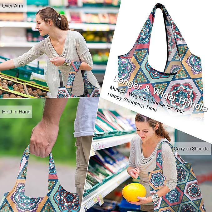BeeGreen Boho Gifts for Women Geometric Reusable Grocery Bags Mandala Shopping Bags Bulk 6 Pack 50LBS X-Large Foldable-Machine Washable-Heavy Duty Mandana Yoga Gifts