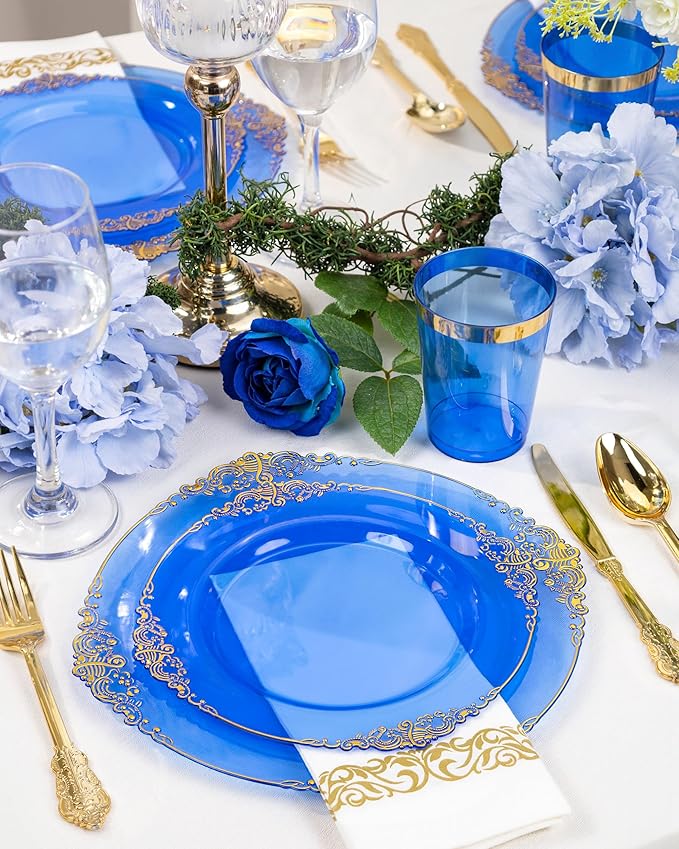 Nervure 350PCS Blue Plastic Plates - Blue Plastic Dinnerware Sets for 50 Guests - 100 Disposable Plates, 150 Gold Silverware, 50 Cups, 50 Napkins for Wedding & Party & Thanksgiving Day
