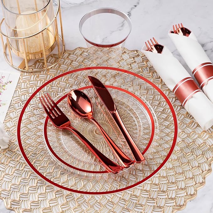 Goodluck 175 Piece Red Plastic Dinnerware Set for Party, Clear Disposable Plates for 25 Guests, Include: 25 Dinner Plastic Plates, 25 Dessert Plates, 25 Pre Rolled Napkins with Cutlery Set, 25 Cups