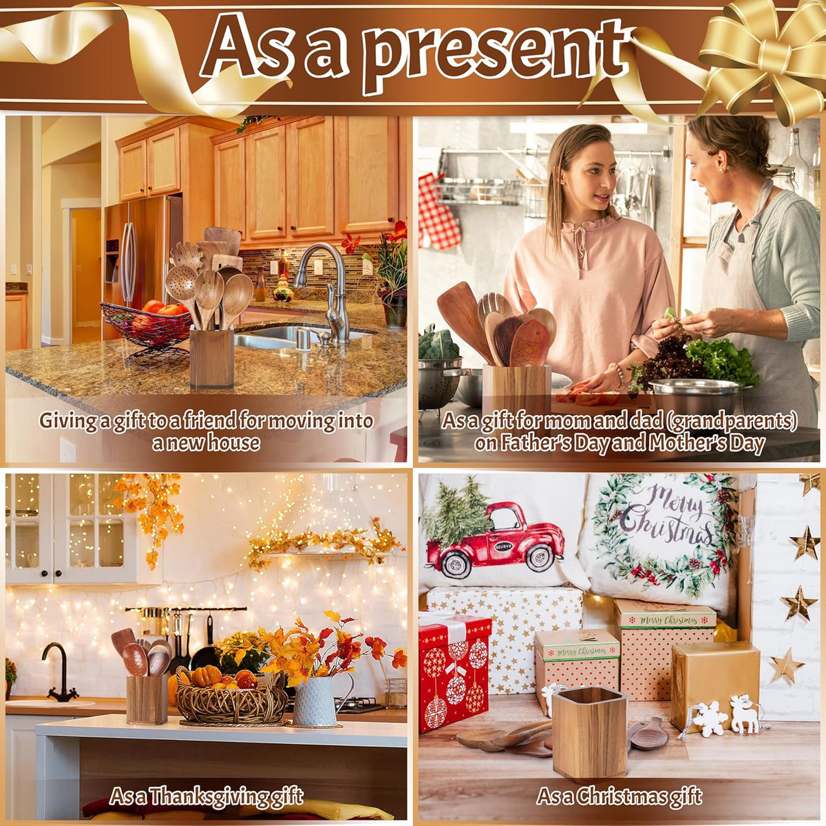 Kitchen Utensils Holder for Countertop: Wooden Utensil Crocks - Cooking Spoons Organizer