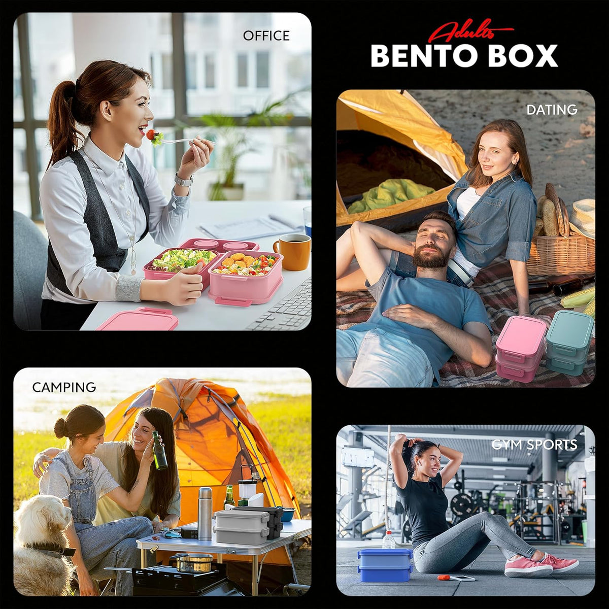 Jelife Adult Bento Box Lunch Box - Large Style Stackable Bento Lunch Box for Adults, 72oz All-in-One 3 Layers Bento Boxes Leak-Proof Lunchbox with Utensil Sauce Containers for Dining Out,Work, Black