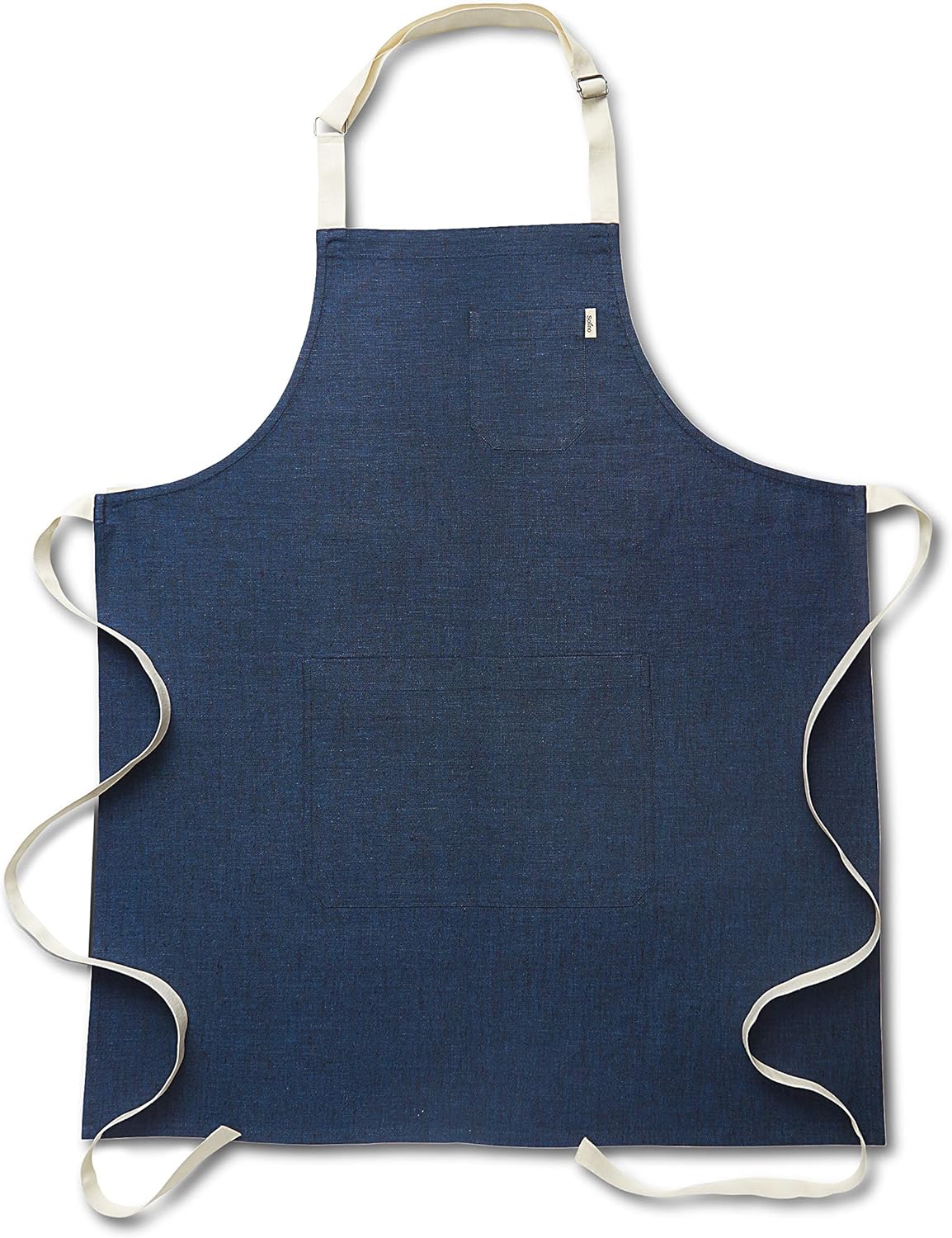 Solino Home Linen Kitchen Apron for Men & Women - 100% Pure Linen Indigo/Ivory Bib Apron with Front Pockets - Handcrafted from European Flax