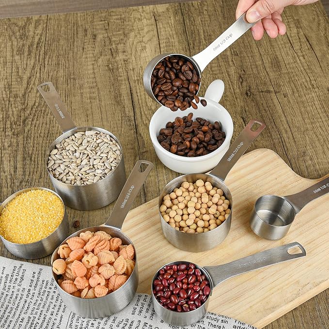 Measuring Cups and Spoons Set, 18/8 Stainless Steel 7 Measuring Cups and 8 Measuring Spoons with Leveler, Kitchen Measure Cups Spoons, Heavy Duty Baking Measurement Cups Spoons Set