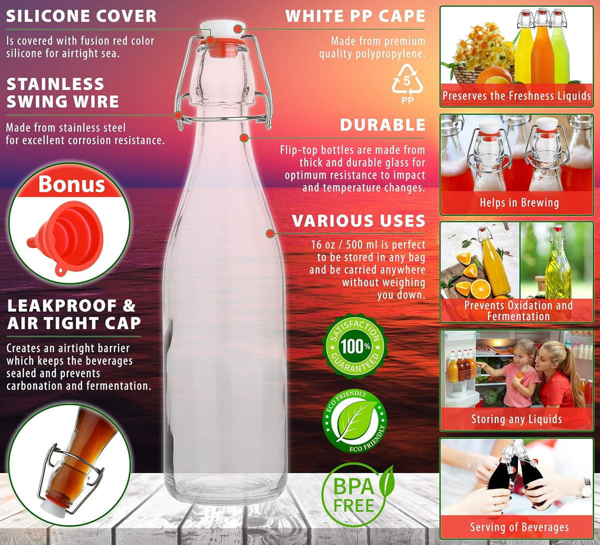 AYL Flip Top Glass Bottle [16 fl. oz./Pack of 6]– Swing Top Brewing Bottle with Stopper for Beverages, Oil, Vinegar, Kombucha, Beer, Water, Soda, Kefir – Airtight Lid & Leak Proof Cap – Clear