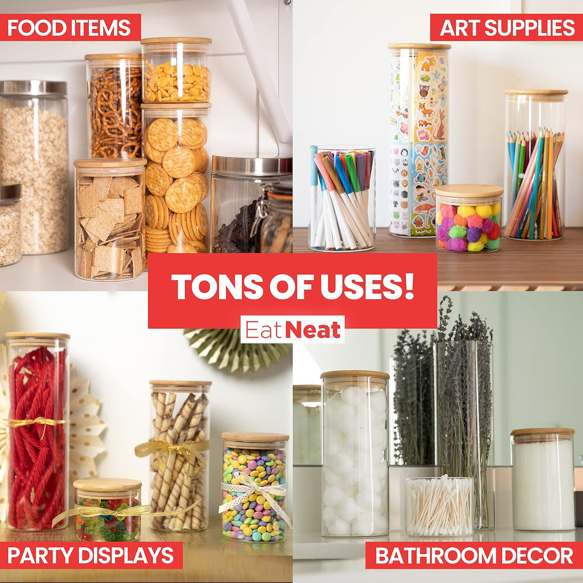 EatNeat 4‑Piece Glass Canister Set with Airtight Bamboo Lids – Giftable Kitchen Storage – Tall Jar Fits Spaghetti – 74/56/36/20 oz for Pantry, Dry Goods, Coffee, Snacks & More