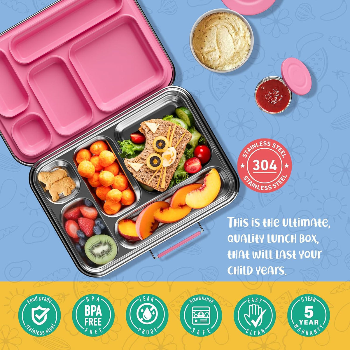 Stainless Steel Bento Box Kids, Kids Metal Bento Lunch Box BPA Free Lunch Box Containers 304 Stainless Steel Bento Box for School and Office(Pink)