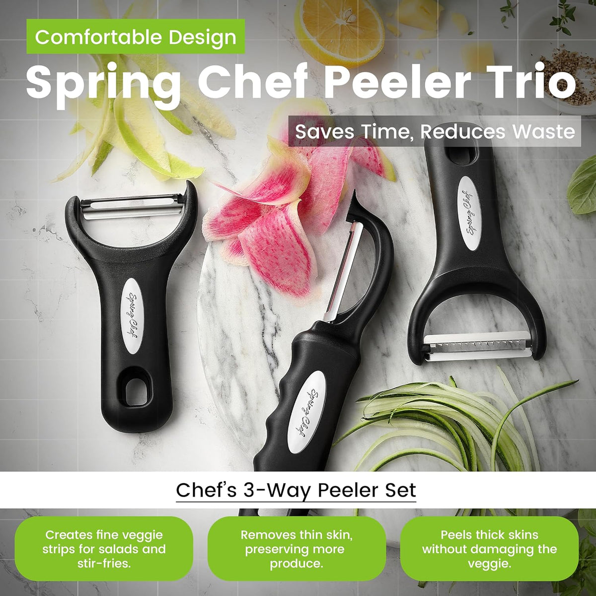 Spring Chef Stainless Steel Swivel, Y & Julienne Vegetable Peelers for Kitchen, Potato Peelers with Soft Grip Handles, Kitchen Utensils Set of 3 for Fruits, Veggies, Apple, Carrot, Cucumber - Black