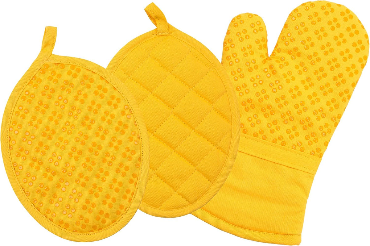 Sticky Toffee Oven Mitt and Pot Holder Set of 3 – Yellow Non-Slip Kitchen Hot Pads and Mitts with Silicone Grip, 100% Cotton Shell, Oeko-Tex Cotton