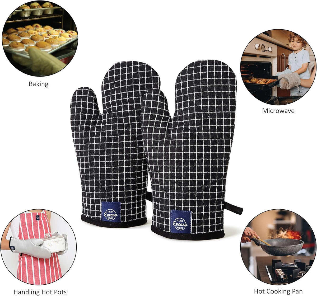Encasa XO Long 12"x7" Oven Microwave Hand Gloves Mitts (2 pc Set) for Kitchen Cooking & Baking - Heat Resistant, Thick & Safe, Protection of Hands from Hot Utensils - Butcher Checks Black