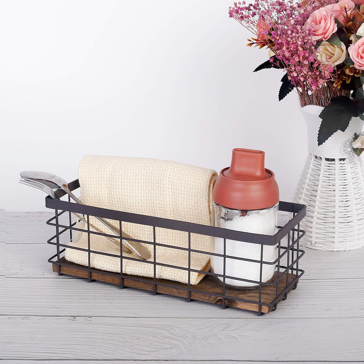TIEYIPIN Small Metal Wire Storage Basket, Detachable Wood Base Storage Organizer Bin Basket for Kitchen Cabinets, Bathroom, Pantry, Garage, Laundry Room - Brown (4 Pack)