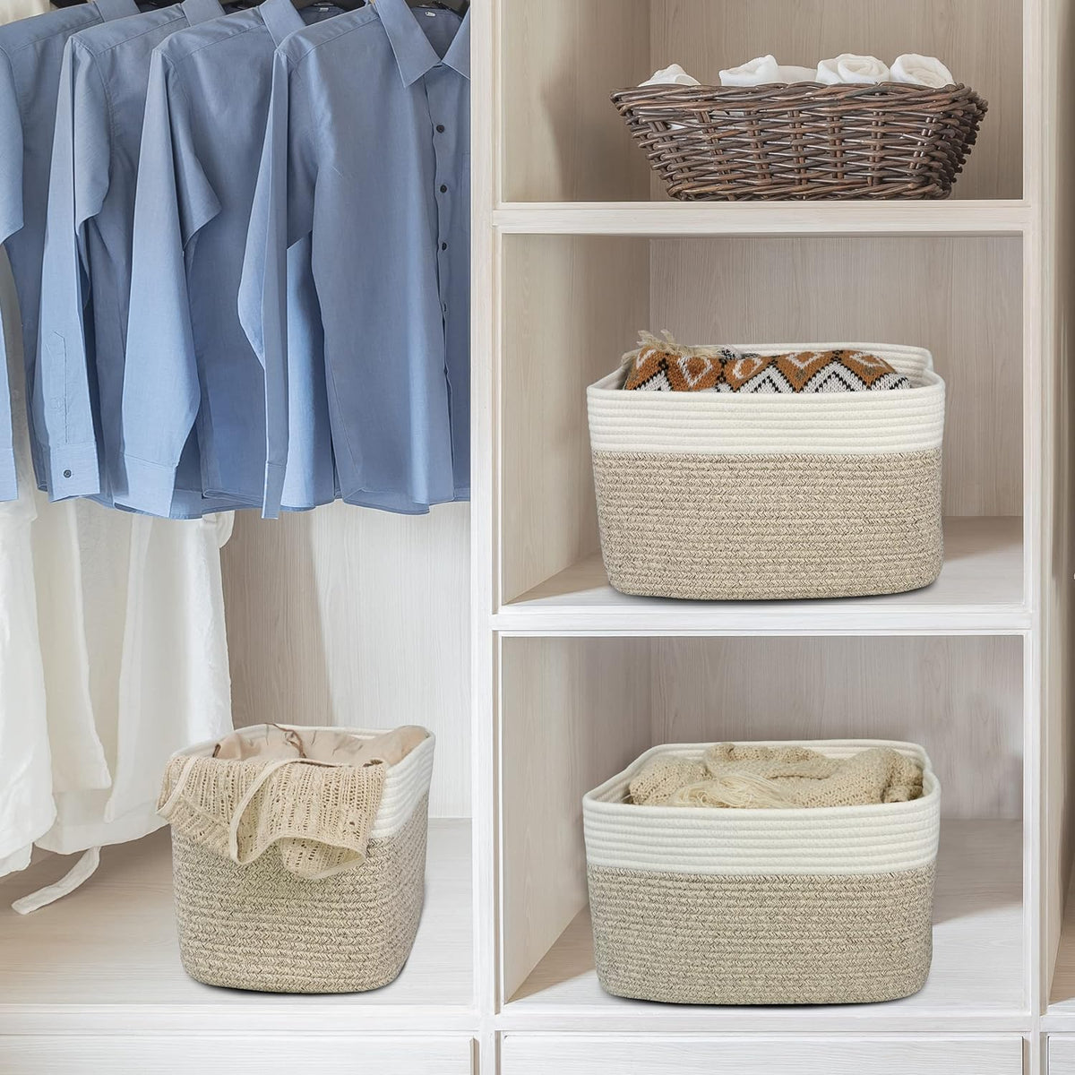 Cotton Rope storage Basket Bins Woven Basket for Organizing Shelves Rectangle Decorative Baskets For storage Clothes Toys Books Towels Square Wicker Nursery basket organizer 3 pack white and brown
