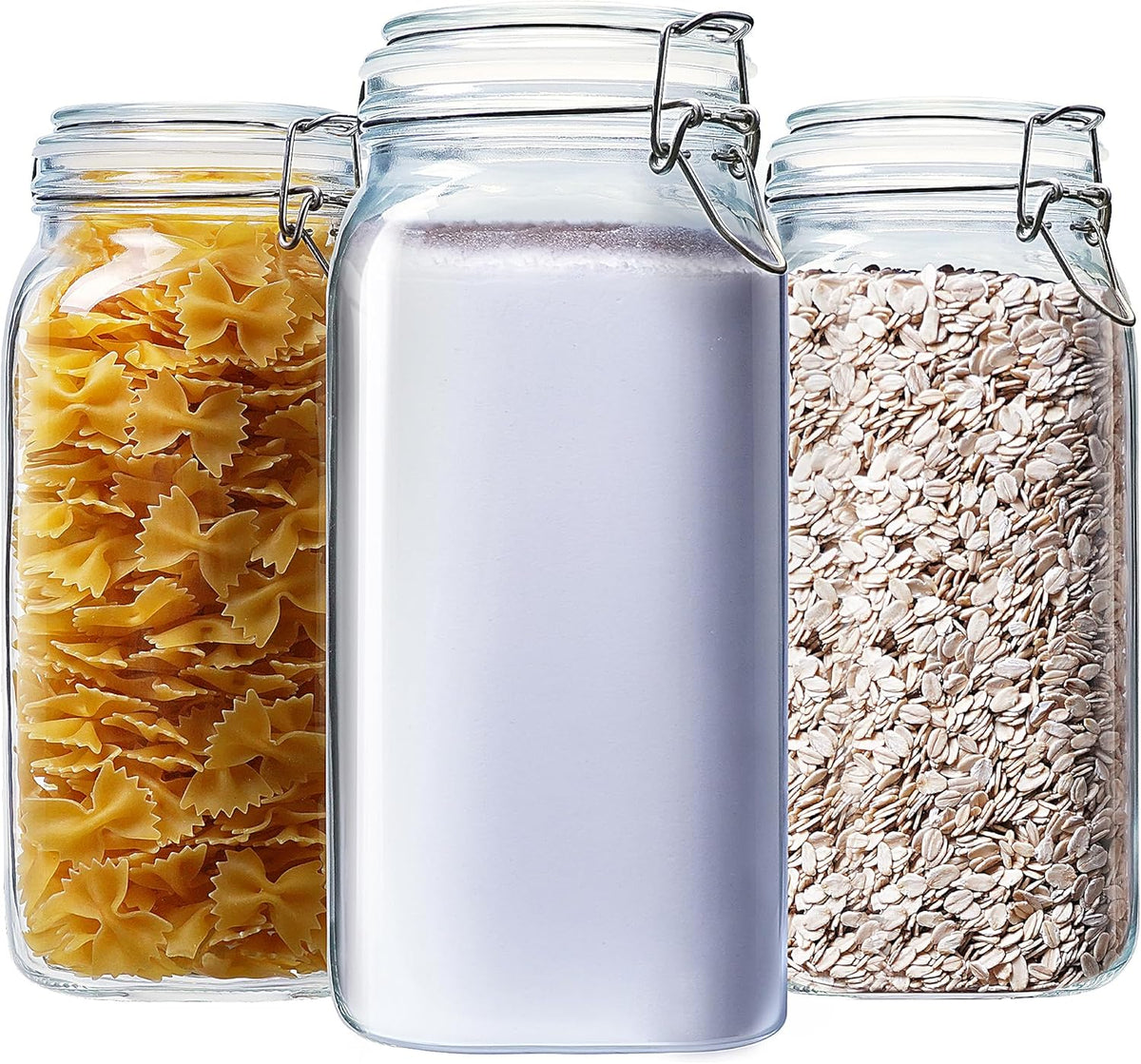 78oz - 3 Pack Square Glass Jars with Airtight Lid, Wide Mouth Mason Jars with Clamp Lids, Air Tight Glass Canisters, Best Food Storage Containers for Flour, Sugar, Cereal, Pasta, Rice, Coffee, Spice