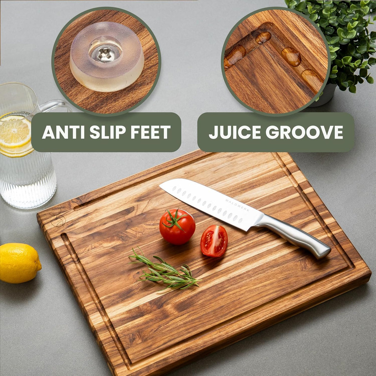 WALDWERK Large Teak Wood Cutting Board (18 x 14 x 1,2") - Solid Wood Cutting Board - Large Teak Wood Chopping Board - Wooden Butcher Block for Kitchen